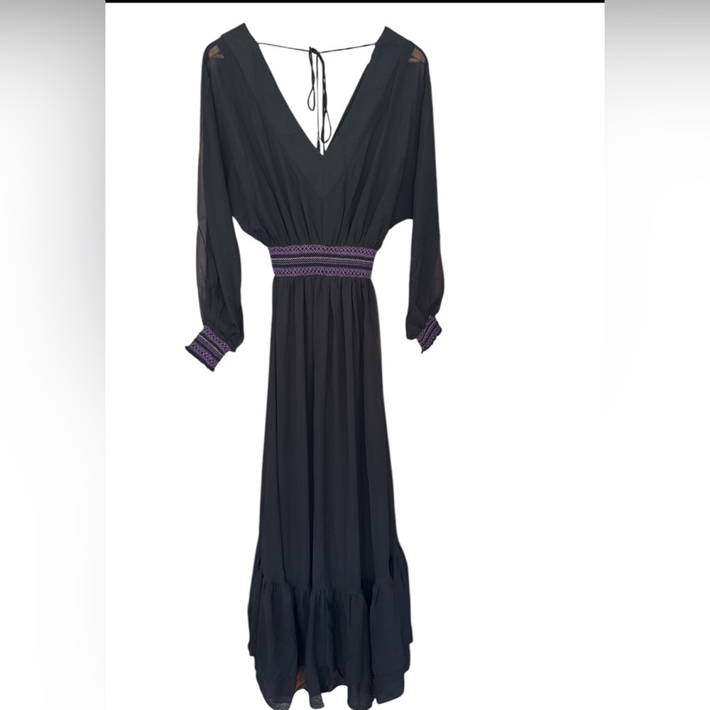 Anthropologie Maxi Dress Long Sleeve Smocked Waist Ruffled Black XS NWT - Picture 5 of 14